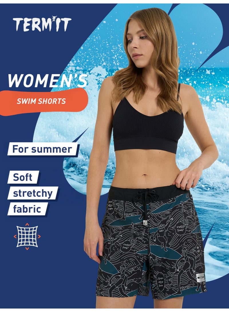 شروط شورت سباحة نسائي أسود / أخضر 91 ٪ بوليستر ، 9 ٪ إيلاستين ، تجفيف سريع ، تقنية ذبابة الماء ، مثالي لركوب الأمواج وملابس البحر - Image 2