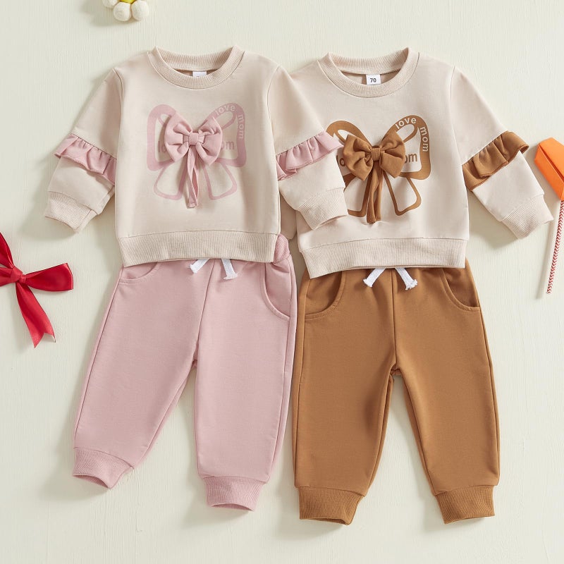 Mubineo Toddler Baby Girl Clothes Bowknot Sweatshirt Outfits Fall Winter Long Sleeve Tops Pant Outfit Sweatsuit Set (Pink, 0-6 Months) - Image 2