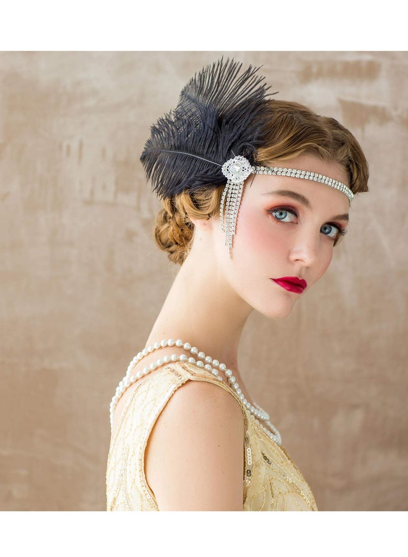 Excefore 1920's Flapper Headband, Great Gatsby Inspired Feather Headpiece 20s Art Deco Hair Accessories BLACK - Image 5