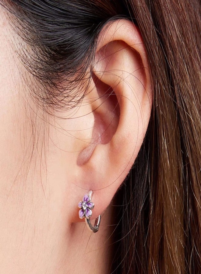 Qings Flower Small Hoop Earrings for Women, S925 Sterling Silver Hypoallergenic Huggie Hoop Earrings Purple Fresh Flower Earrings Jewelry Gifts for Women - Image 2