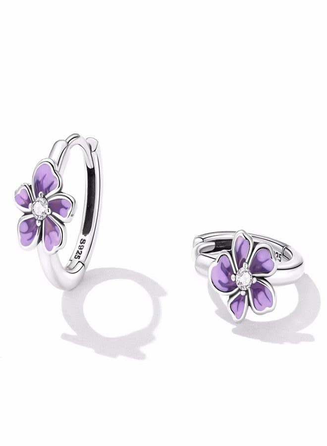Qings Flower Small Hoop Earrings for Women, S925 Sterling Silver Hypoallergenic Huggie Hoop Earrings Purple Fresh Flower Earrings Jewelry Gifts for Women - Image 4