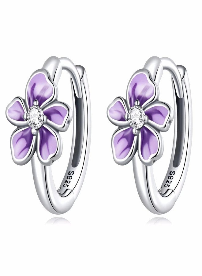 Qings Flower Small Hoop Earrings for Women, S925 Sterling Silver Hypoallergenic Huggie Hoop Earrings Purple Fresh Flower Earrings Jewelry Gifts for Women - Image 1
