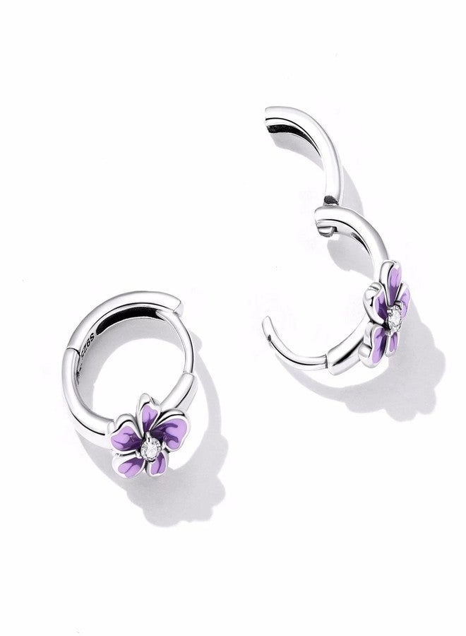 Qings Flower Small Hoop Earrings for Women, S925 Sterling Silver Hypoallergenic Huggie Hoop Earrings Purple Fresh Flower Earrings Jewelry Gifts for Women - Image 3
