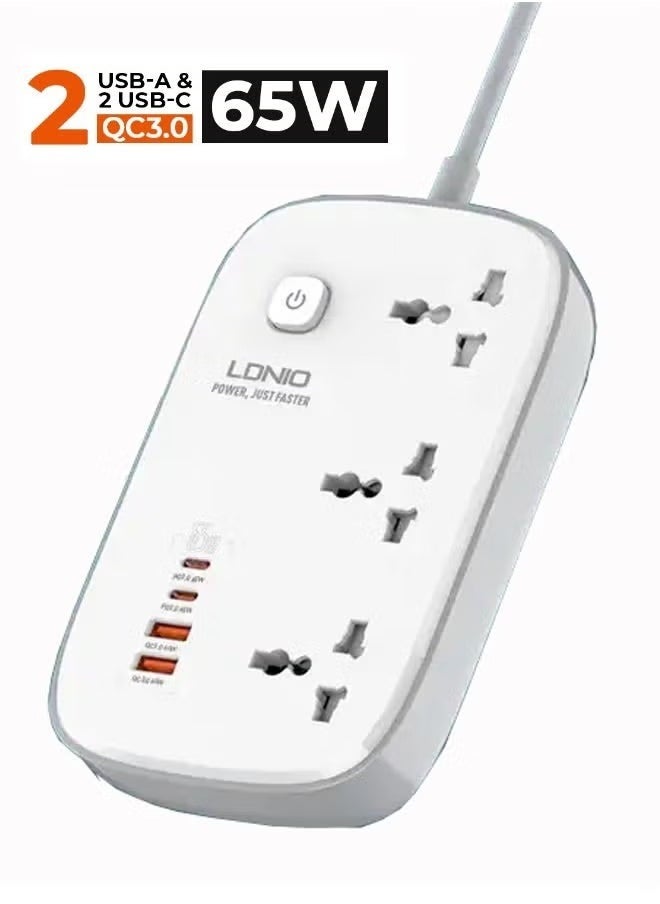 Universal 3 Outlet Power Extension Strip with 2 USB Ports and 2 PD Fast Charging Ports – Multi Power Socket Extension Plug Board – Surge Protected, Compact & Durable Power Hub for Home, Office, and Travel Charging Needs  - Image 1