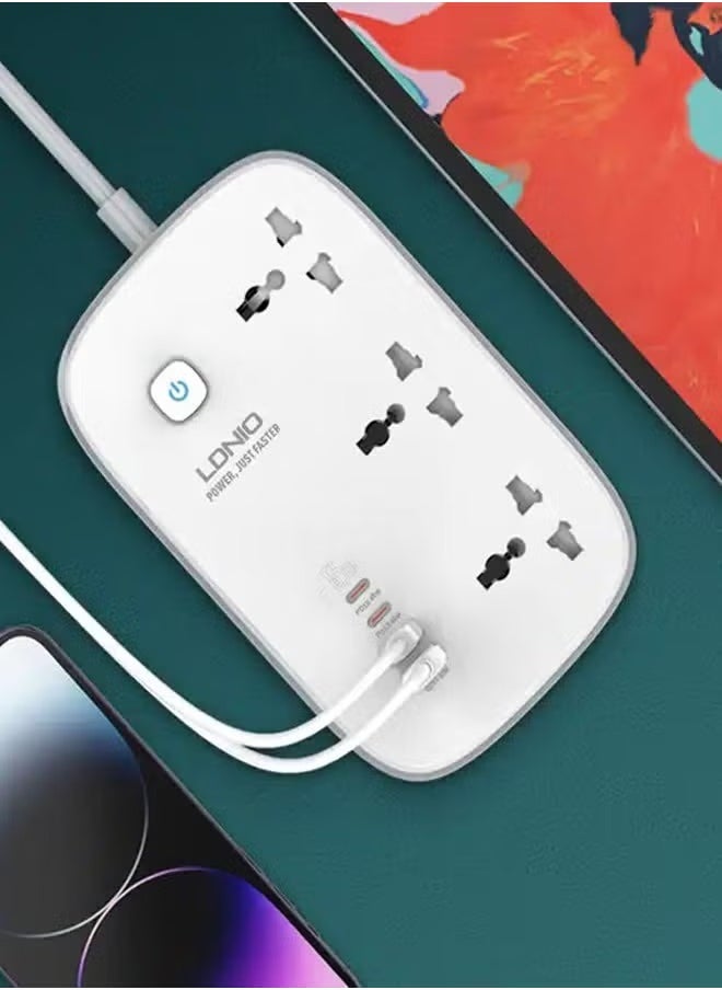 Universal 3 Outlet Power Extension Strip with 2 USB Ports and 2 PD Fast Charging Ports – Multi Power Socket Extension Plug Board – Surge Protected, Compact & Durable Power Hub for Home, Office, and Travel Charging Needs  - Image 3