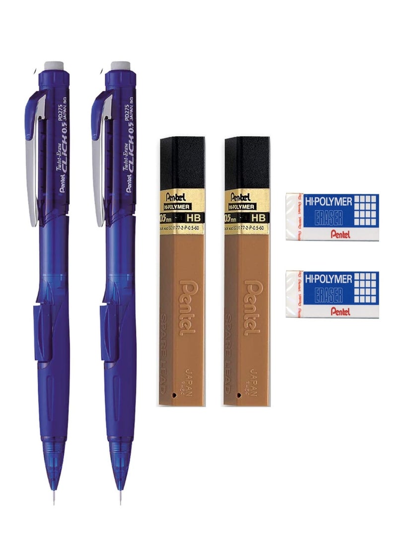 Pentel قلم رصاص ميكانيكي من قطعتين بقطر 0.5 مم مع عبوتين من الرصاص والممحاة - Image 1