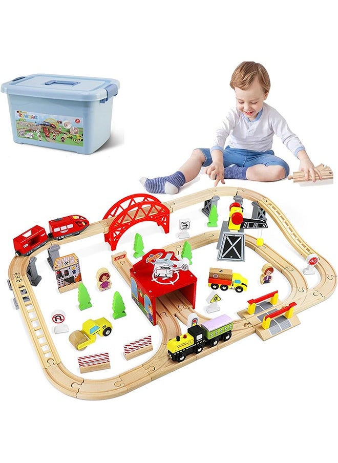 Beauenty Train Set 85PCS Wooden Train Tracks & Trains for Kids Battery Operated Action Locomotive (Magnetic Connection) Wooden Train Toys Gift for 3-7 Years Old Toddlers & Kids (A)  - Image 1
