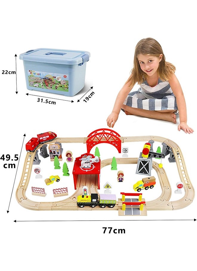 Beauenty Train Set 85PCS Wooden Train Tracks & Trains for Kids Battery Operated Action Locomotive (Magnetic Connection) Wooden Train Toys Gift for 3-7 Years Old Toddlers & Kids (A)  - Image 2
