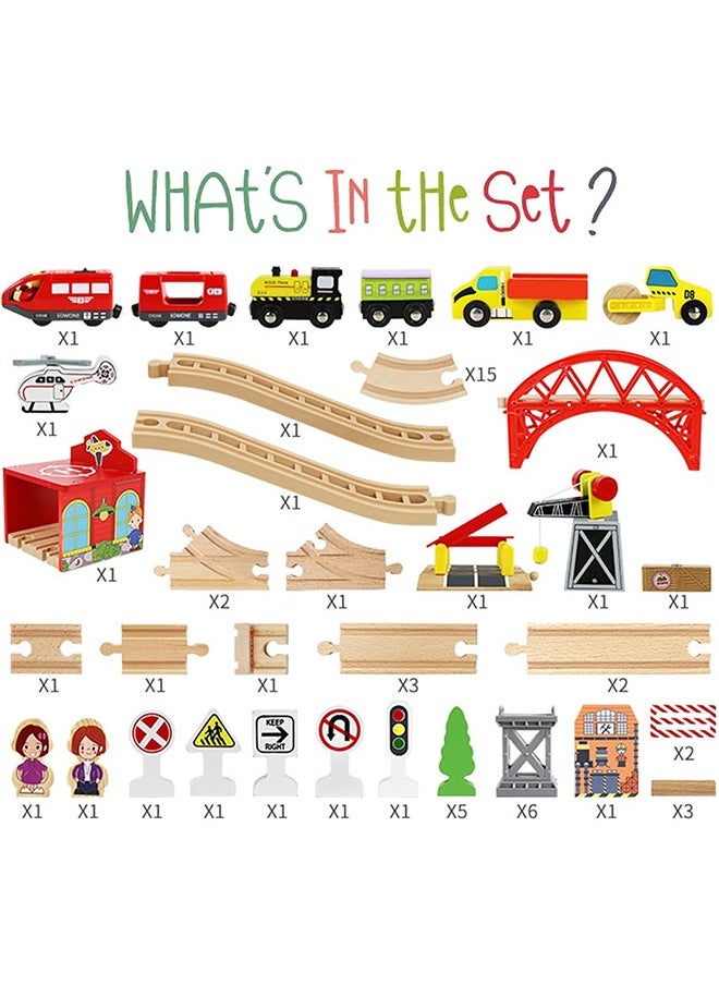 Beauenty Train Set 85PCS Wooden Train Tracks & Trains for Kids Battery Operated Action Locomotive (Magnetic Connection) Wooden Train Toys Gift for 3-7 Years Old Toddlers & Kids (A)  - Image 3