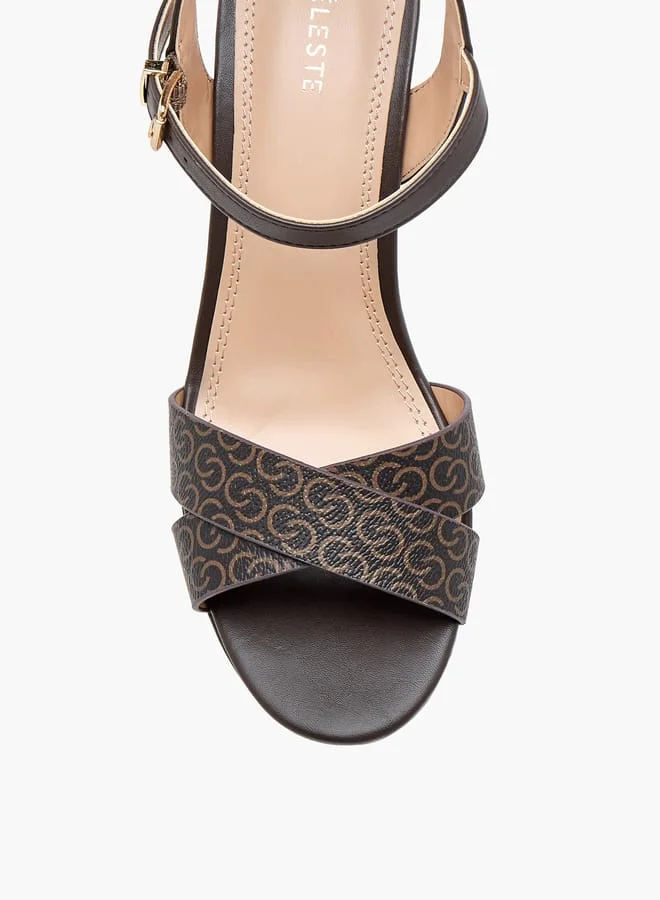 Celeste Womens Monogram Print Sandals With Block Heels And Buckle Closure