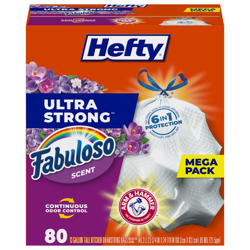 Hefty Ultra Strong 13 Gallon Trash Bags Tall Kitchen Trash Bags 13 Gallon Size Resist Leaks Punctures and Rips Continuous Odor Control White Fabuloso Scent 80 Bags