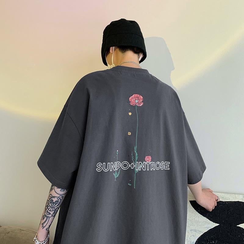 Meichao Graffiti T-Shirt Men'S Summer Hiphop Niche Design Sense Rose Flower Half Sleeve Chic Heavy Cotton Short Sleeve - Image 1