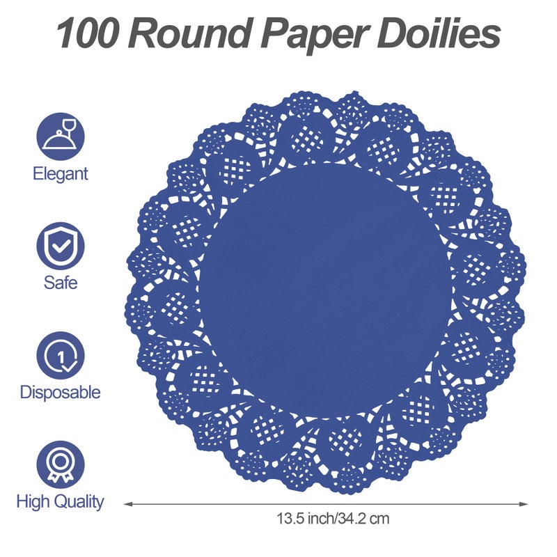 MCEAST 100 Pack Round Blue Paper Doilies 13.5 Inches Lace Place Mats Rustic Scallop Doily Disposable Paper Table Pads for Food Cakes Crafts Party Weddings Tableware Decor - Image 2