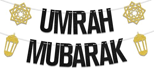 WFKLDF Umrah Mubarak Banner Eid Party Decorations Gold Black 30x50 inches - Image 1