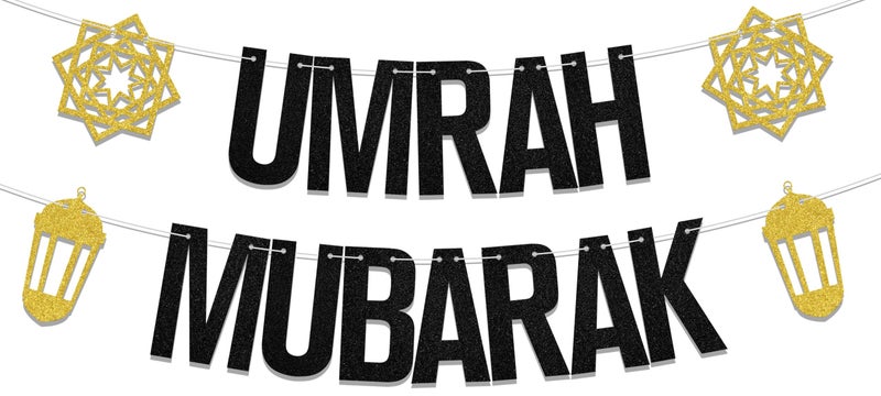 WFKLDF Umrah Mubarak Banner Eid Party Decorations Gold Black 30x50 inches - Image 2