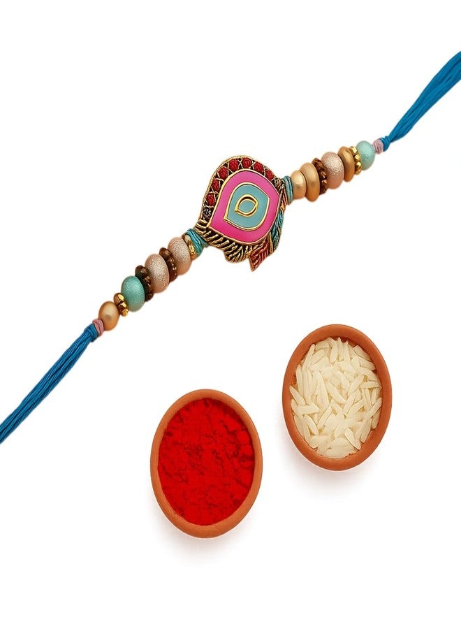 Sage Square Rakhi for Brother, Bhai with Roli Chawal | Raksha Bandhan | Designer Beads, Stones, Decorative Work | Stylish Handcrafted Rakhi Gifting for Sibling Festival Celebration (Type 21) - Image 1