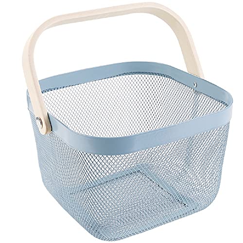 Luximal Multi-Purpose Metal Mesh Storage Basket with Bamboo Handle – Stylish & Durable Organizer for Kitchen, Bathroom, Pantry, and Home (25 x 25 x 18 CM, Sky-Blue) - Image 1