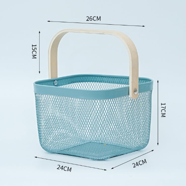 Luximal Multi-Purpose Metal Mesh Storage Basket with Bamboo Handle – Stylish & Durable Organizer for Kitchen, Bathroom, Pantry, and Home (25 x 25 x 18 CM, Sky-Blue) - Image 3