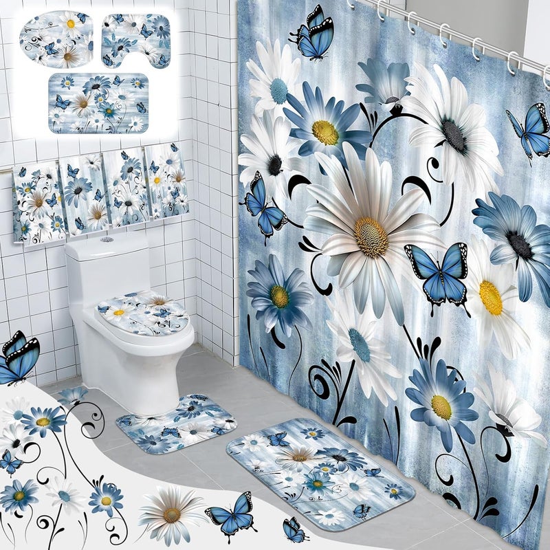 FuWeave 8 Pcs Rustic Farmhouse Shower Curtain Sets for Bathroom Daisy Floral and Butterfly Shower Curtain Sets with Rugs, Flowers Towels, Non-Slip Rug, Toilet Lid Cover, Bath Mat and 12 Hooks (Blue) - Image 1