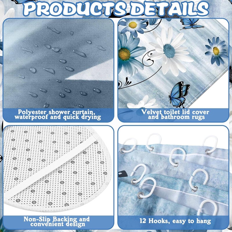 FuWeave 8 Pcs Rustic Farmhouse Shower Curtain Sets for Bathroom Daisy Floral and Butterfly Shower Curtain Sets with Rugs, Flowers Towels, Non-Slip Rug, Toilet Lid Cover, Bath Mat and 12 Hooks (Blue) - Image 3