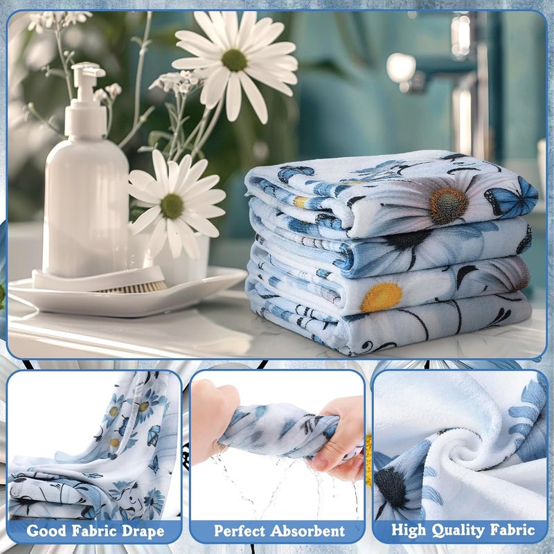 FuWeave 8 Pcs Rustic Farmhouse Shower Curtain Sets for Bathroom Daisy Floral and Butterfly Shower Curtain Sets with Rugs, Flowers Towels, Non-Slip Rug, Toilet Lid Cover, Bath Mat and 12 Hooks (Blue) - Image 4