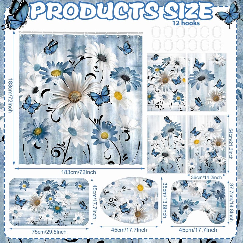 FuWeave 8 Pcs Rustic Farmhouse Shower Curtain Sets for Bathroom Daisy Floral and Butterfly Shower Curtain Sets with Rugs, Flowers Towels, Non-Slip Rug, Toilet Lid Cover, Bath Mat and 12 Hooks (Blue) - Image 2