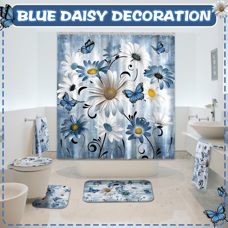 FuWeave 8 Pcs Rustic Farmhouse Shower Curtain Sets for Bathroom Daisy Floral and Butterfly Shower Curtain Sets with Rugs, Flowers Towels, Non-Slip Rug, Toilet Lid Cover, Bath Mat and 12 Hooks (Blue) - Image 5