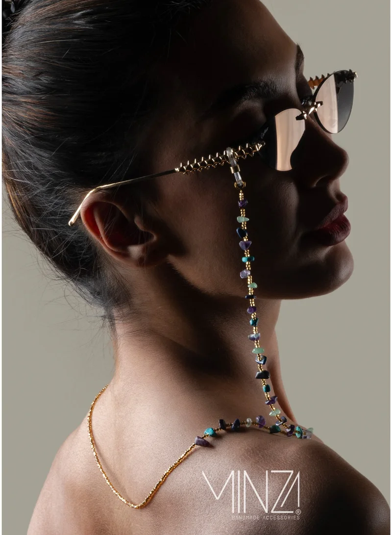 Minza “Broken Stone” Women’s Eyewear Chain, Natural Amethyst, Turquoise, Prehnite & Lapis Lazuli with Czech Beads, Handmade Colorful Glasses Chain for Sunglasses & Eyeglasses, Artistic Boho Accessory