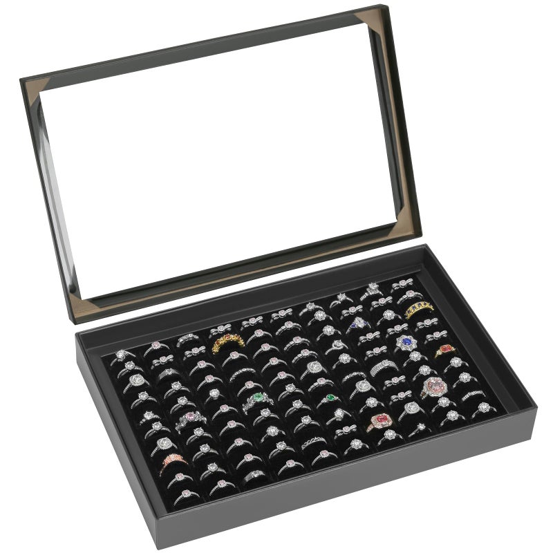 KUKUVR 100 Slots Ring Earring Holder Display Case, Velvet Jewelry Ring Earring Storage Organizer Box Tray with Clear Lid for Women And Selling Show (Black) - Image 1