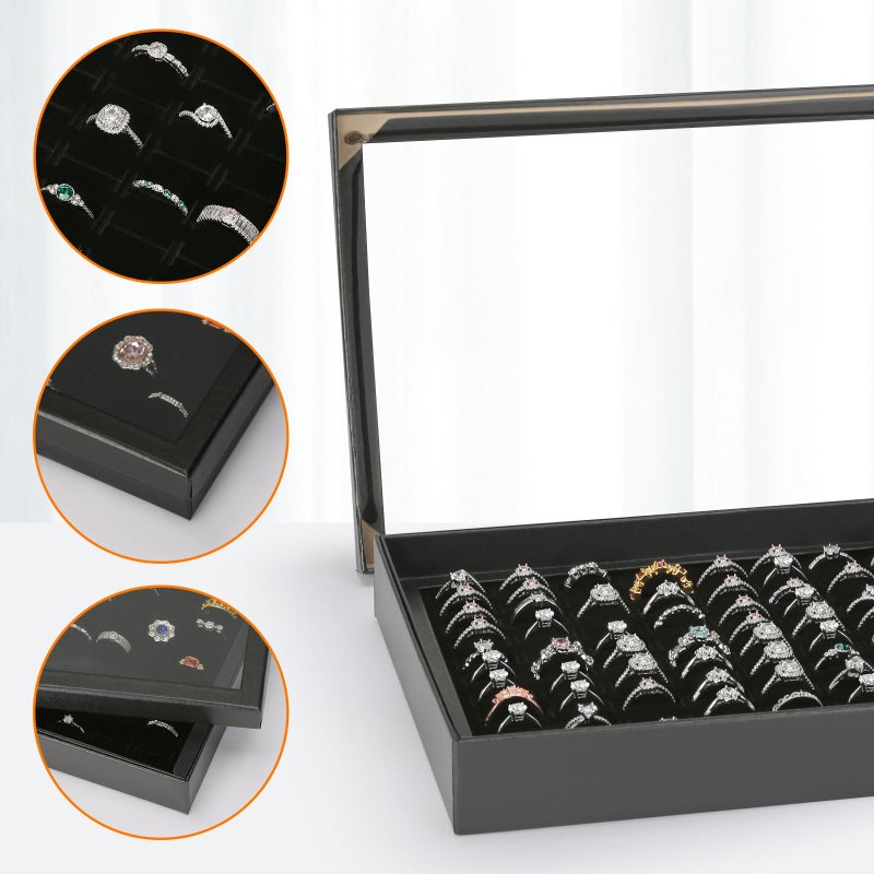 KUKUVR 100 Slots Ring Earring Holder Display Case, Velvet Jewelry Ring Earring Storage Organizer Box Tray with Clear Lid for Women And Selling Show (Black) - Image 3