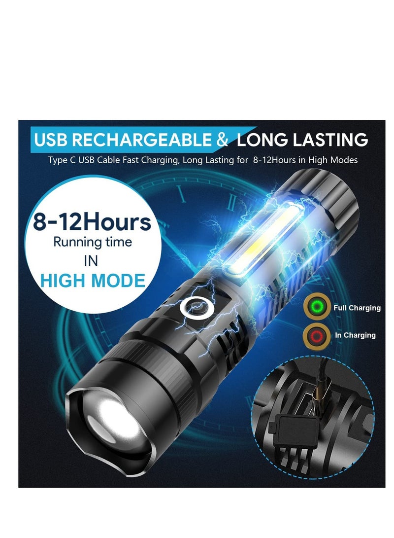 LED rechargeable flashlight 4500 high lumen, xhp70.2 super bright LED magnetic flashlight, with cob side lights, scalable, waterproof, 4 modes, powerful rechargeable tactical flashlight - Image 3