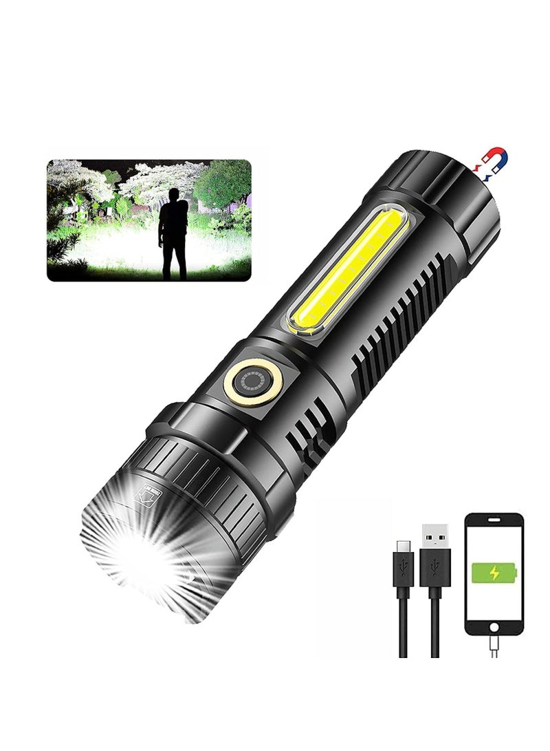 LED rechargeable flashlight 4500 high lumen, xhp70.2 super bright LED magnetic flashlight, with cob side lights, scalable, waterproof, 4 modes, powerful rechargeable tactical flashlight - Image 1