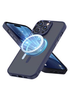 جراب لهاتف iPhone 15 Pro Max متوافق مع Magsafe جراب واقٍ مغناطيسي مقاوم للصدمات مع أزرار معدنية وإطار عدسة رفيع للغاية وخفيف الوزن وملمس آلي عاري بلون أزرق تيتانيوم