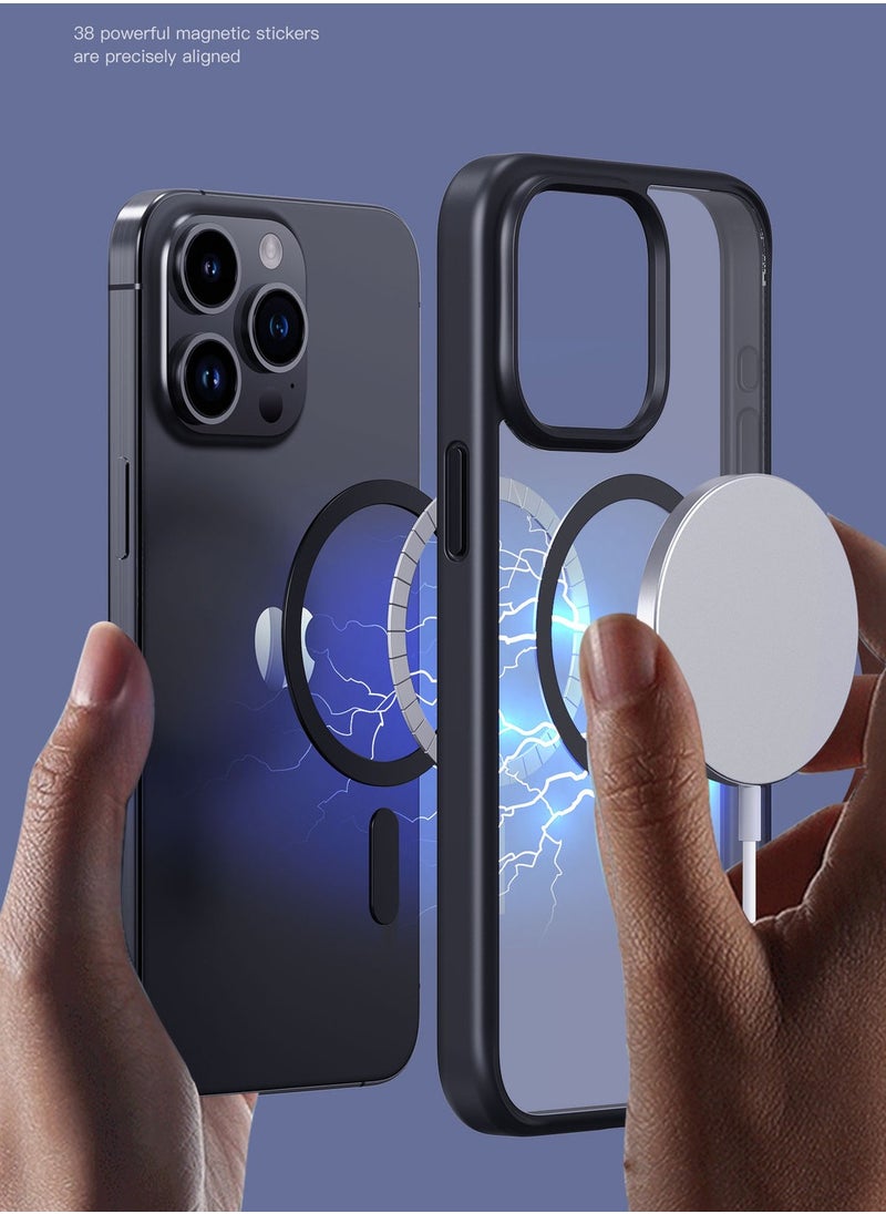 SYOSI - جراب لهاتف iPhone 15 Pro Max متوافق مع Magsafe جراب واقٍ مغناطيسي مقاوم للصدمات مع أزرار معدنية وإطار عدسة رفيع للغاية وخفيف الوزن وملمس آلي عاري بلون أزرق تيتانيوم - Image 1