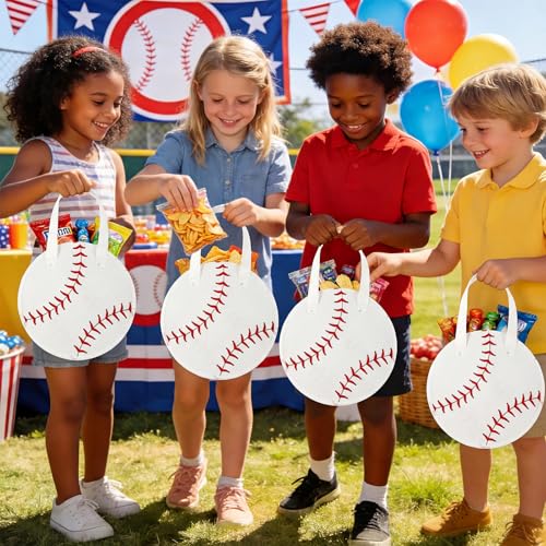 Yeyeplum 12 Pcs Baseball Party Favor Bags 10 × 10 Inch Baseball Gift Bags with Handle Round Non Woven Gift Pouches for Goodie Candy Snacks Sports Themed Birthday Party Supplies - Image 5