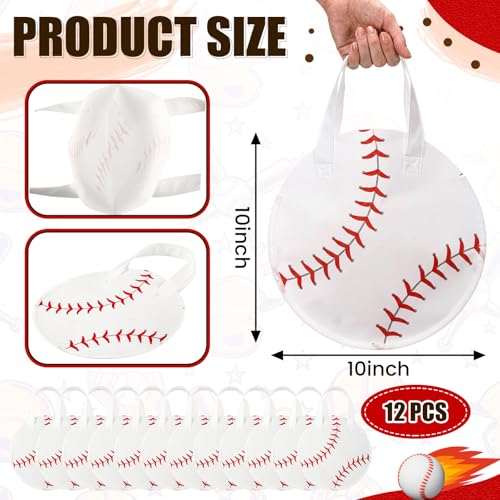 Yeyeplum 12 Pcs Baseball Party Favor Bags 10 × 10 Inch Baseball Gift Bags with Handle Round Non Woven Gift Pouches for Goodie Candy Snacks Sports Themed Birthday Party Supplies - Image 2