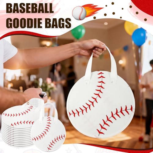 Yeyeplum 12 Pcs Baseball Party Favor Bags 10 × 10 Inch Baseball Gift Bags with Handle Round Non Woven Gift Pouches for Goodie Candy Snacks Sports Themed Birthday Party Supplies - Image 4