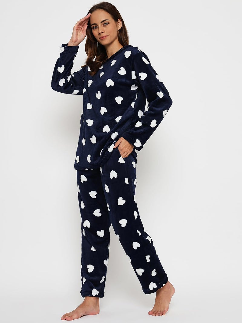 CAMEY Wool Blend Women's Printed Full Sleeve Round Neck Top and Pajama Pants with Pockets (Navy, S) - Image 3