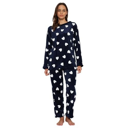 CAMEY Wool Blend Women's Printed Full Sleeve Round Neck Top and Pajama Pants with Pockets (Navy, S) - Image 1