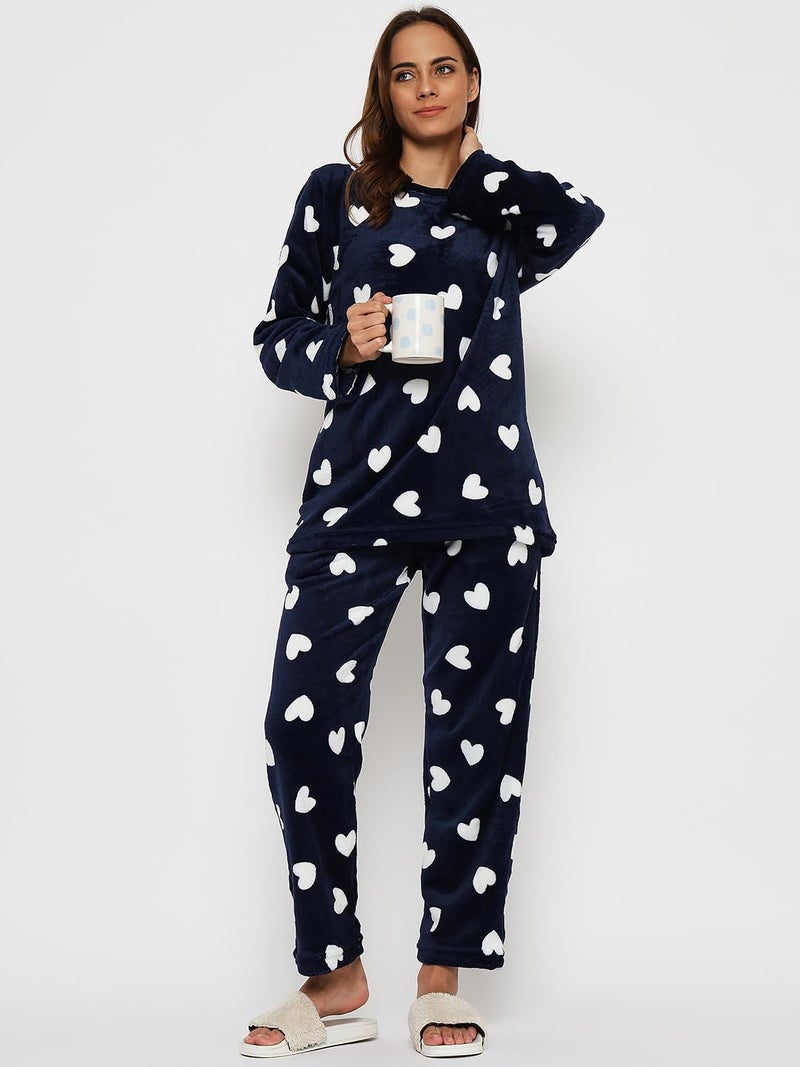 CAMEY Wool Blend Women's Printed Full Sleeve Round Neck Top and Pajama Pants with Pockets (Navy, S) - Image 2