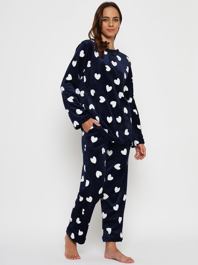 CAMEY Wool Blend Women's Printed Full Sleeve Round Neck Top and Pajama Pants with Pockets (Navy, S) - Image 4