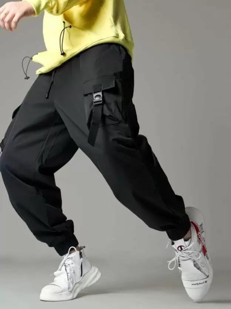 Maniac Solid Mens Black Loose Fit Polyester Cargo Trackpant - Image 1