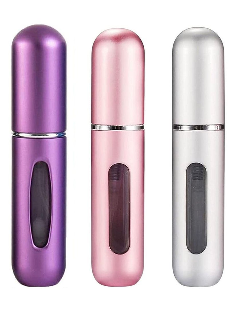 فيند عطر صغير محمول قابل لإعادة التعبئة ، زجاجة عطر بخاخة سعة 5 مل ، بخاخ عطر بخاخ عطري قابل لإعادة الملء ، علبة مضخة رائحة للسفر والخارج (عبوة من 3 قطع) بنفسجي ، وردي ، فضي - Image 1