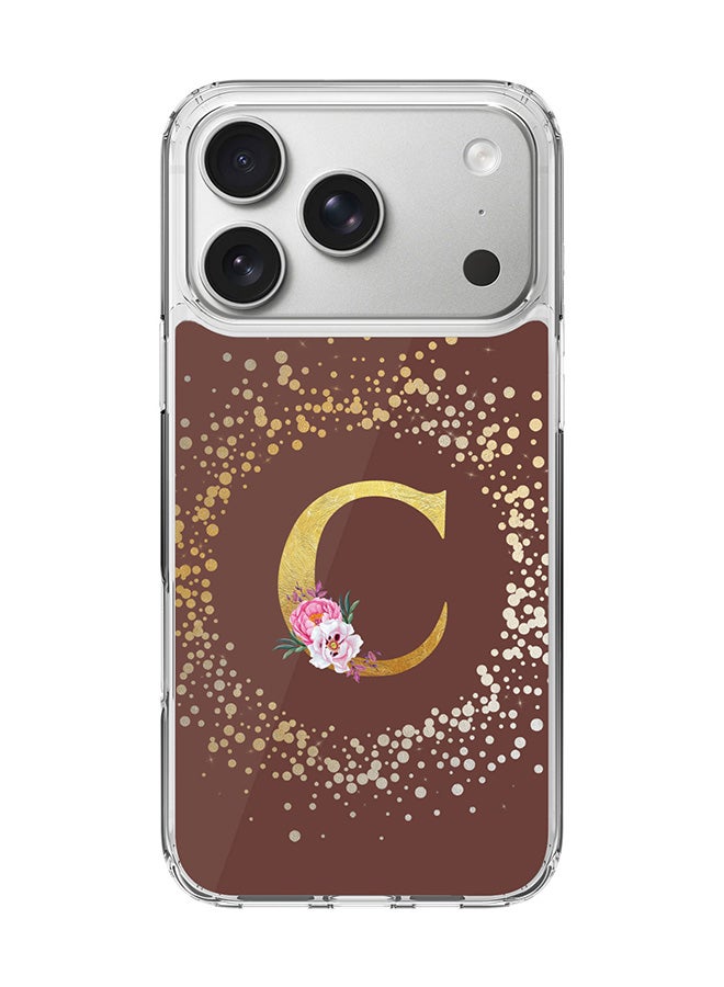 Stylizedd Classic Clear MagSafe Case for iPhone 17 Pro , Hybrid Soft Case Flexible Edges Anti Drop TPU PC Gel Thin Transparent Cover [ Designed for iPhone 17 Pro ] - Custom Monogram Initial Letter Floral Pattern Alphabet - C  (Brown )