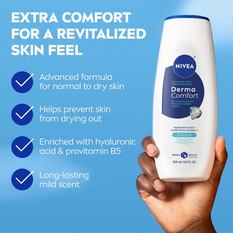 NIVEA Derma Comfort Caring Body Wash for Normal to Dry Skin, Body Wash with Hyaluronic Acid and Provitamin B5, 16.9 Fl Oz Bottle, Pack of 3 - Image 2