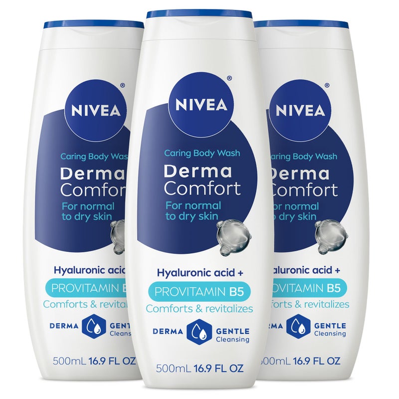 NIVEA Derma Comfort Caring Body Wash for Normal to Dry Skin, Body Wash with Hyaluronic Acid and Provitamin B5, 16.9 Fl Oz Bottle, Pack of 3 - Image 1