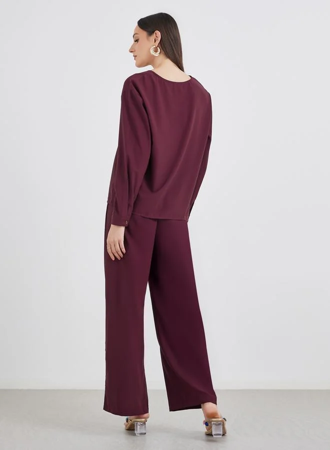 Styli Styli Burgundy V Neck Top and Pants Co-Ords with Scarf
