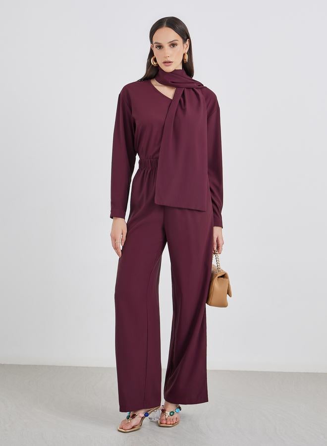 Styli Burgundy V Neck Top and Pants Co-Ords with Scarf - Image 2