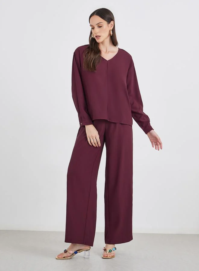 Styli Styli Burgundy V Neck Top and Pants Co-Ords with Scarf