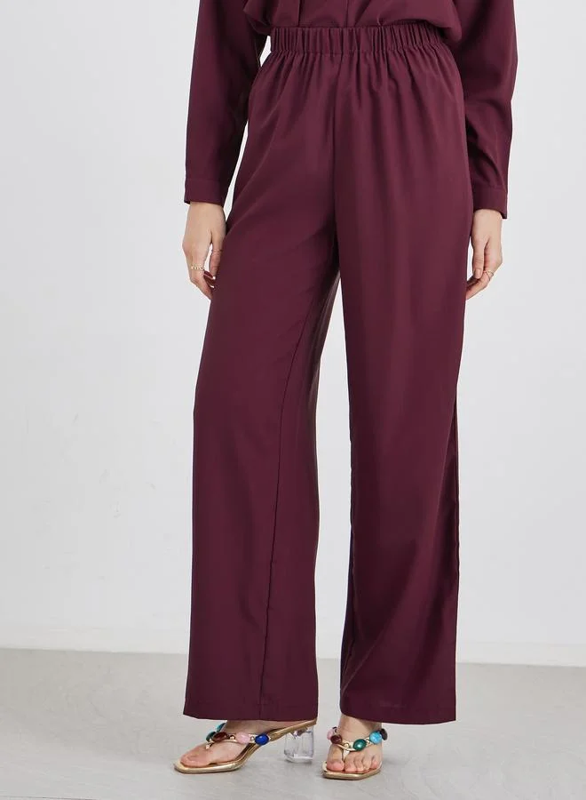 Styli Styli Burgundy V Neck Top and Pants Co-Ords with Scarf